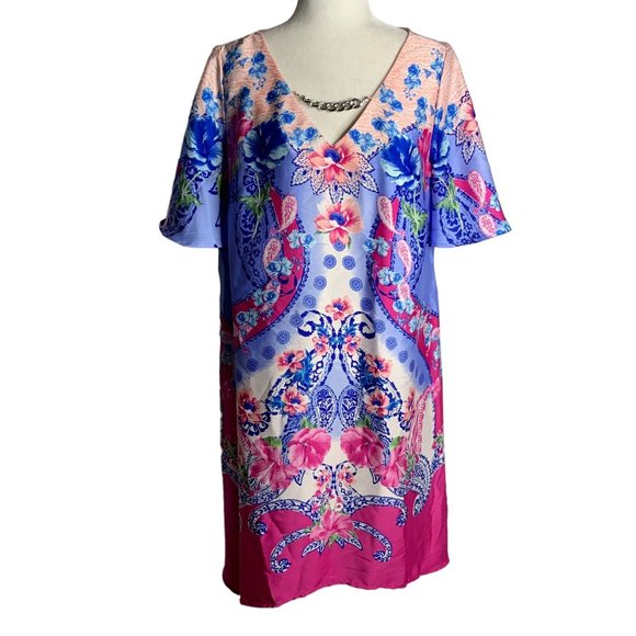 JM Collection Floral Swing Dress M Pink Blue Short Sleeve V Neck Knee Length - Picture 1 of 6